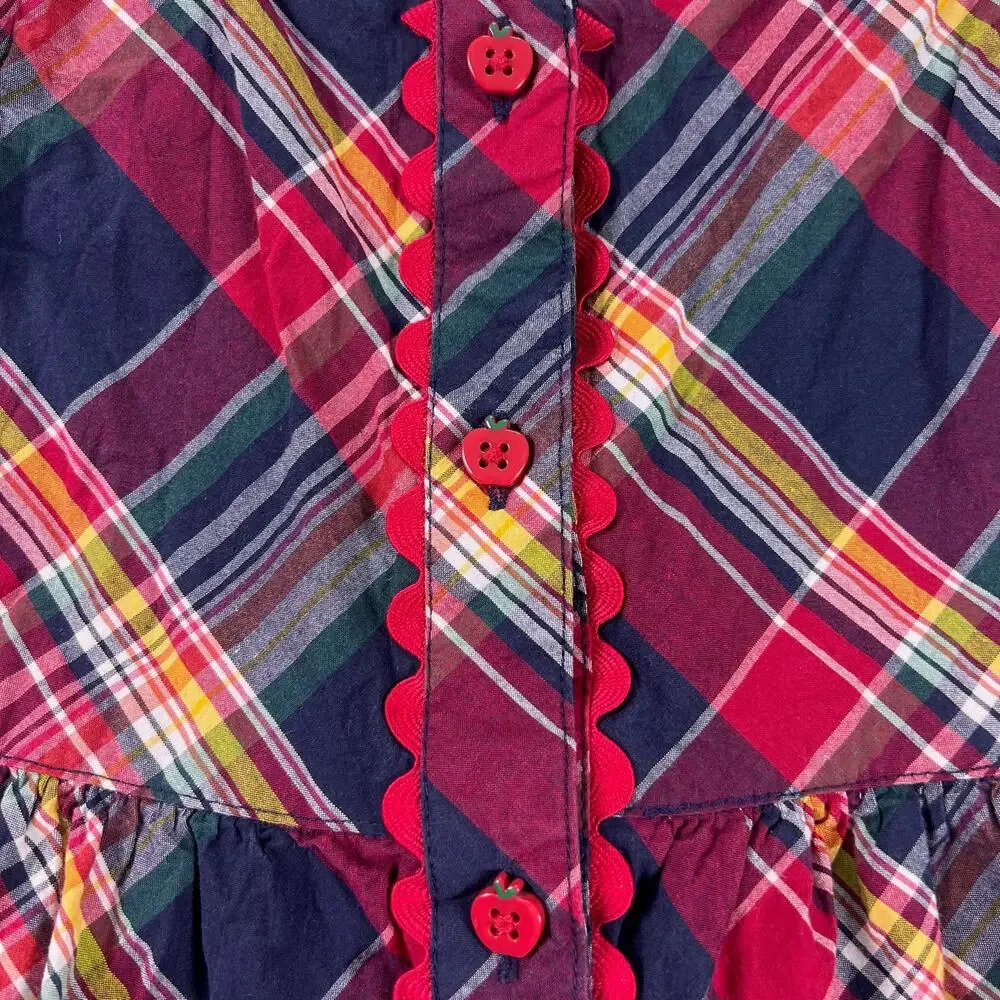 Gymboree Toddler Dress 4T Red Madras Plaid Apple Button Ruffle Cap Sleeve Cotton